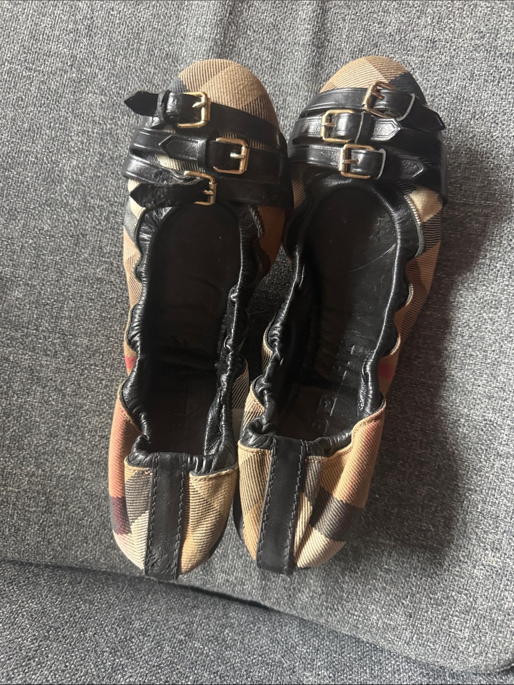 Burberry Black and Tan Check Ballet Flats with Buckle Straps